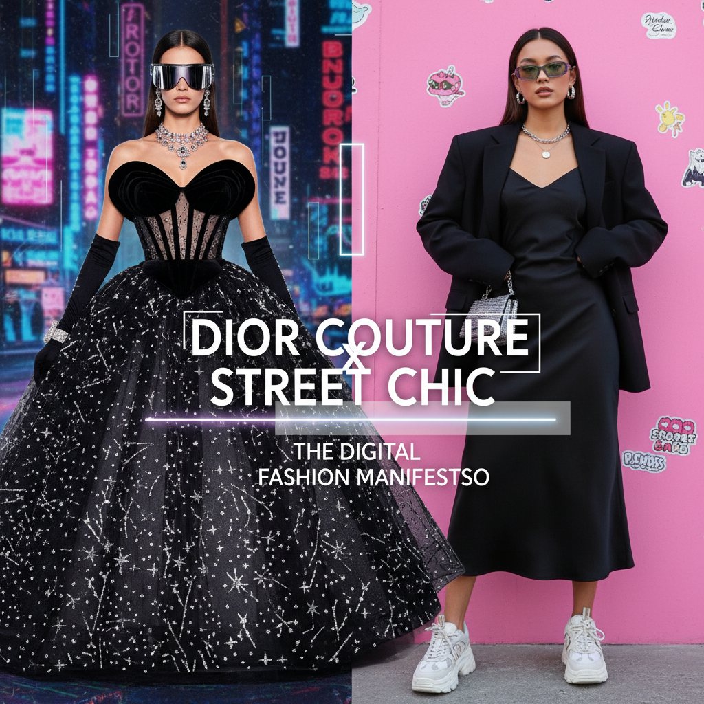 Стилизованный коллаж: кутюрный образ Dior и соответствующий ему масс-маркет тренд