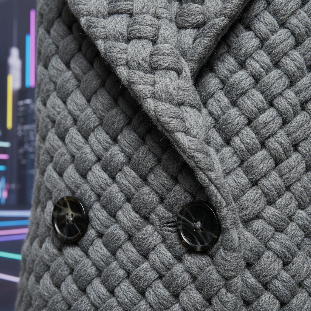 Детальный снимок фактуры серого двубортного пальто из кашемира крупного плетения.