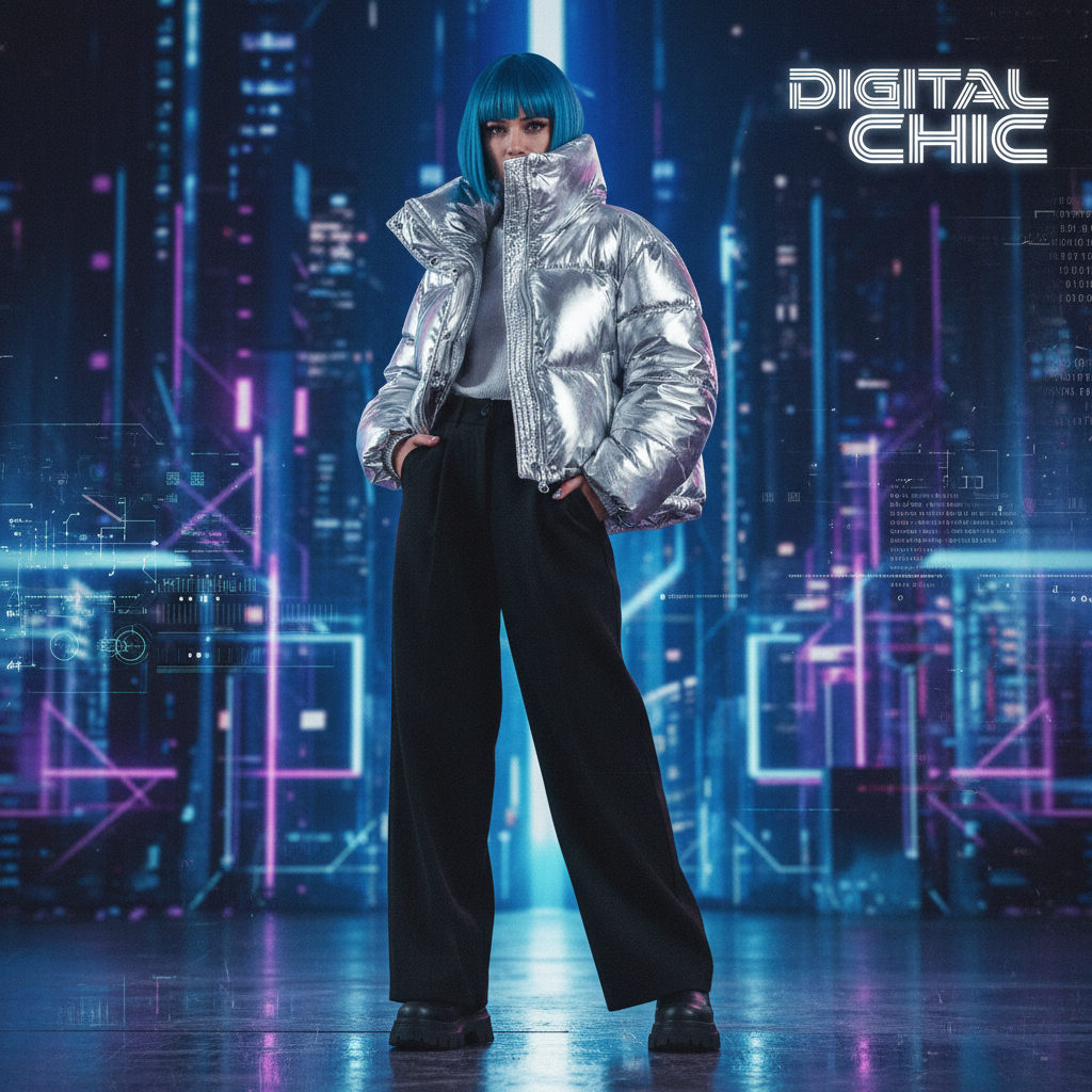 Стильный оверсайз пуховик серебряного цвета, с высоким воротом