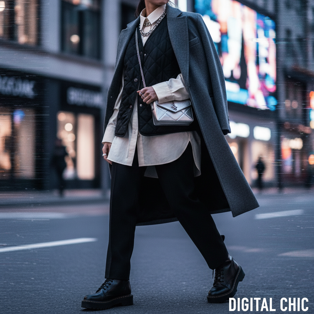 Стильный стеганый жилет черного цвета, надетый поверх оверсайз-рубашки и под классическое шерстяное пальто