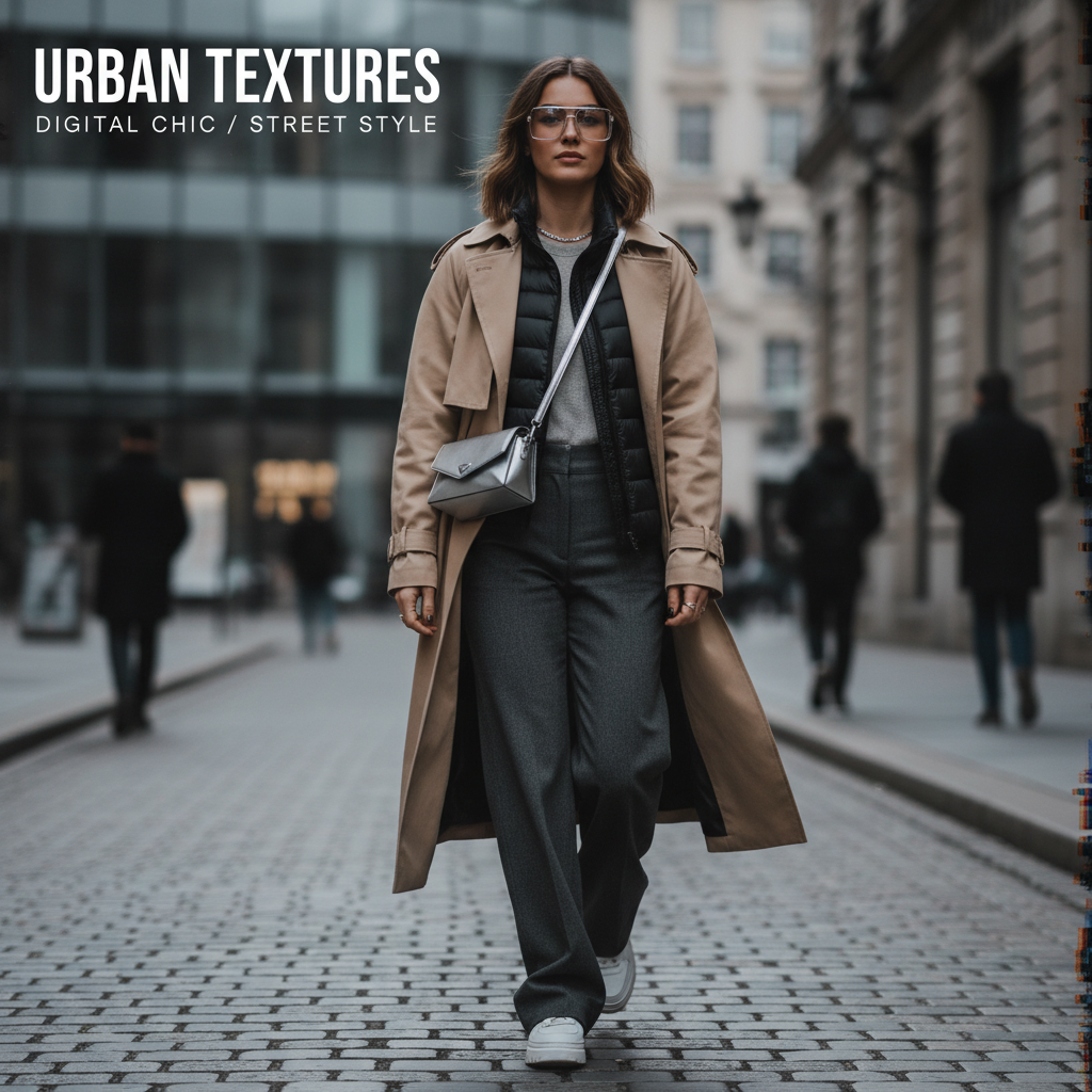 Пример уличного стиля: девушка в бежевом тренче, из-под которого виден край тонкого черного пуховика-лайнера