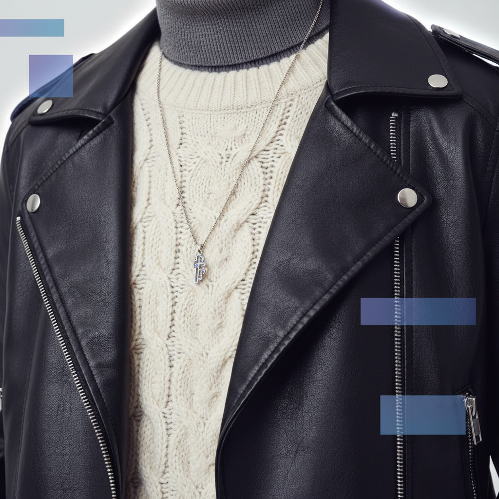 Крупный план: сочетание фактур – кожаный жакет и шерстяной свитер в многослойном зимнем образе.