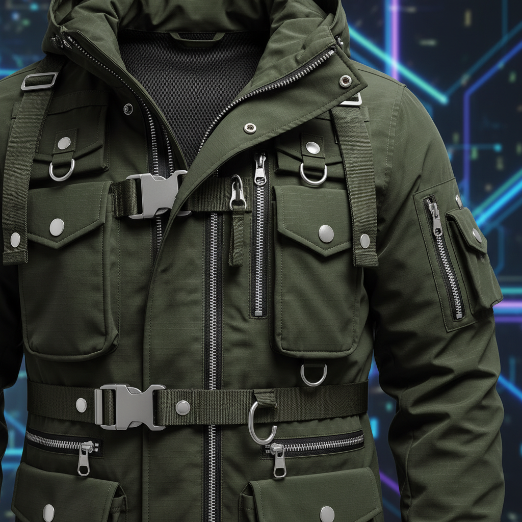 Крупный план технической парки оливкового цвета с множеством функциональных карманов и металлическими деталями.