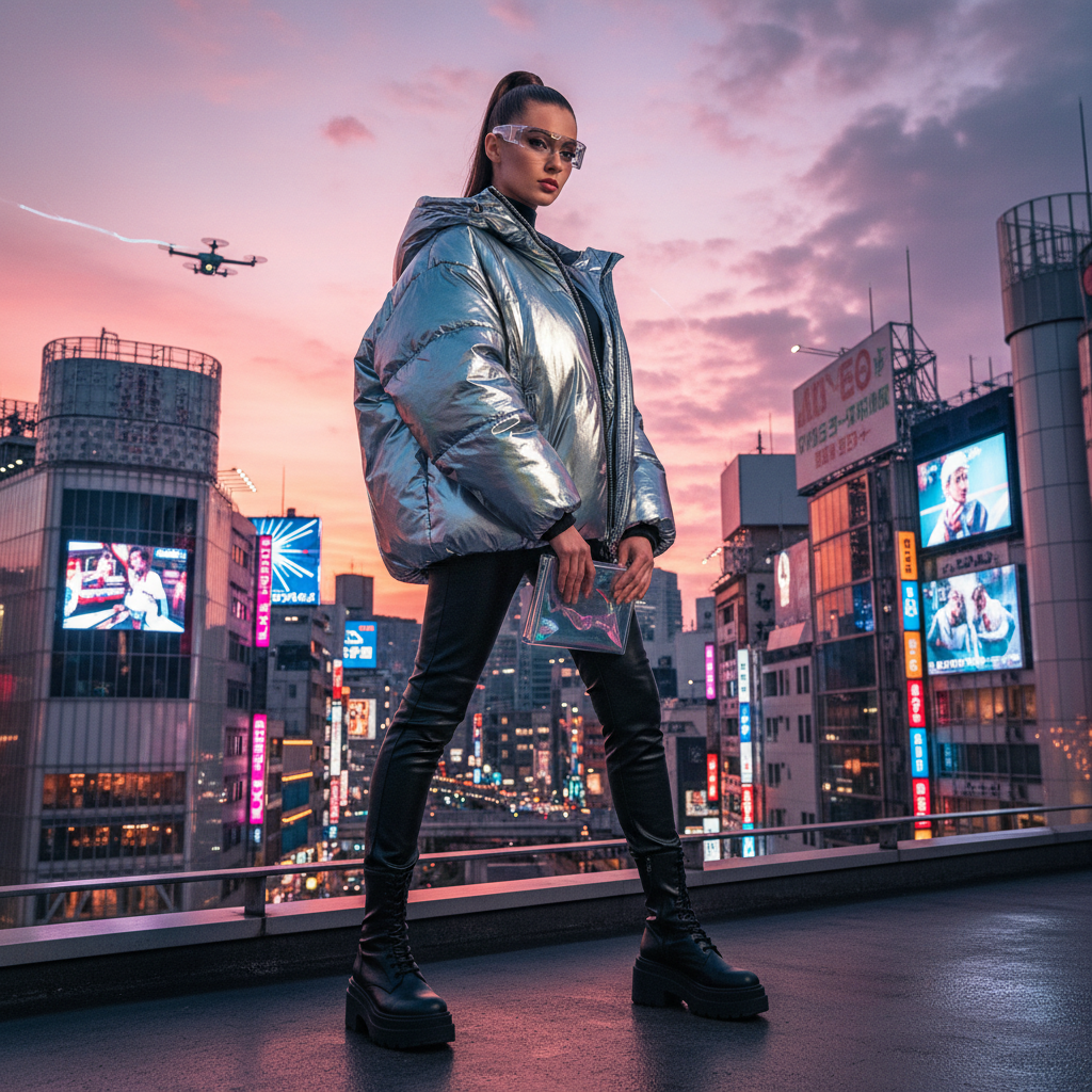 Модель в серебристом пуховике-коконе