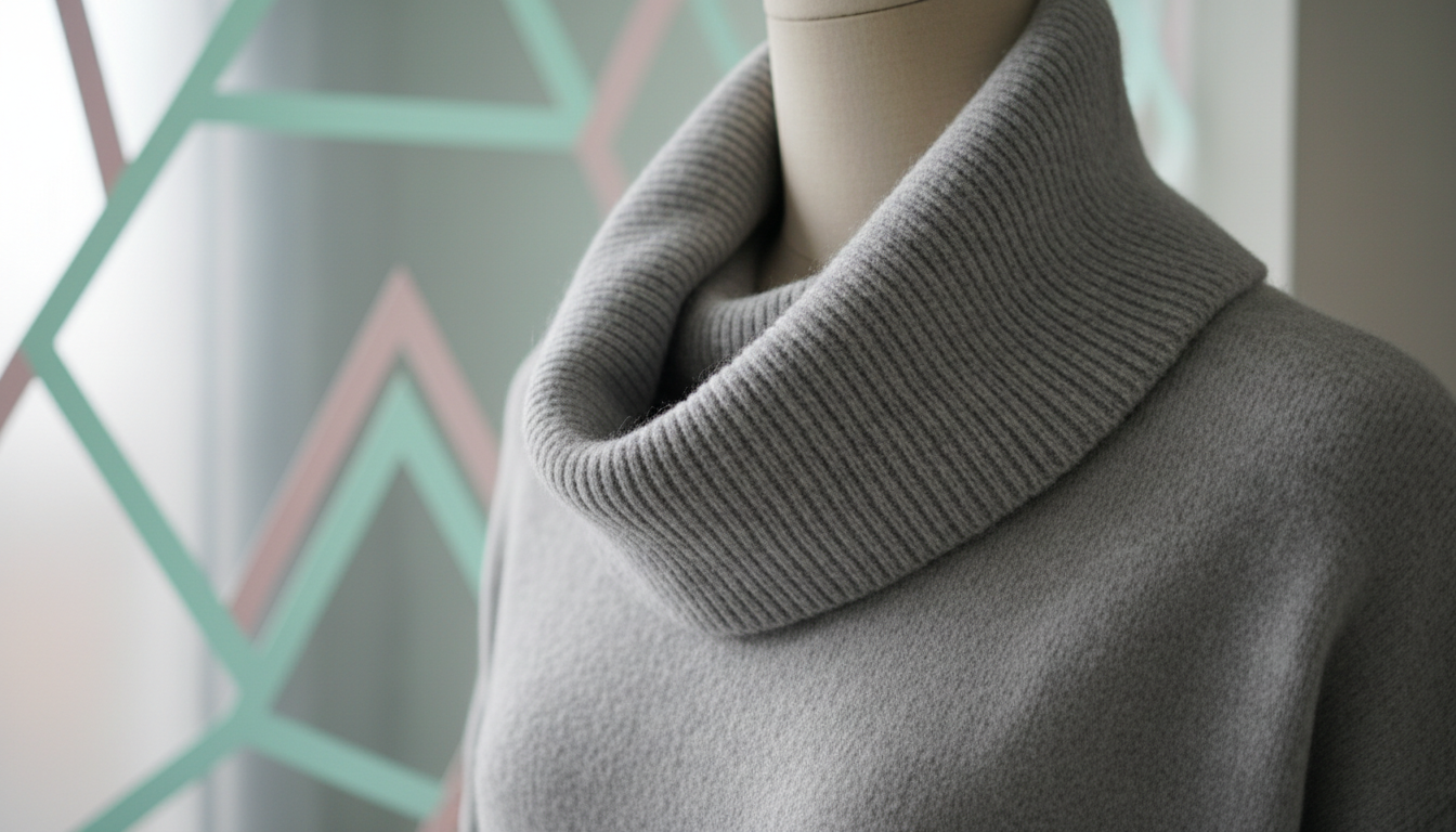 Крупный план драпированного кашемирового свитера с высоким горлом, демонстрирующий объем и текстуру.