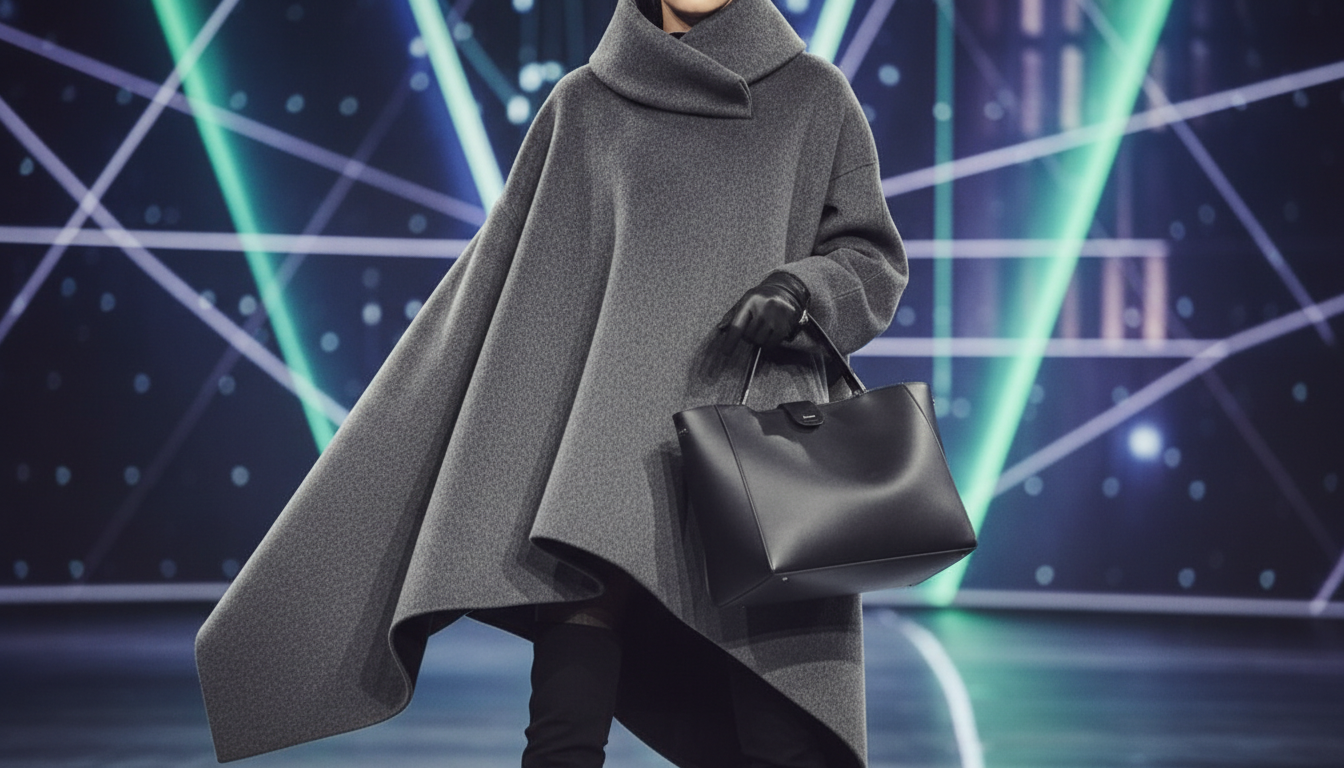 Асимметричное пальто-кокон из плотной шерсти, дополненное минималистичной сумкой.