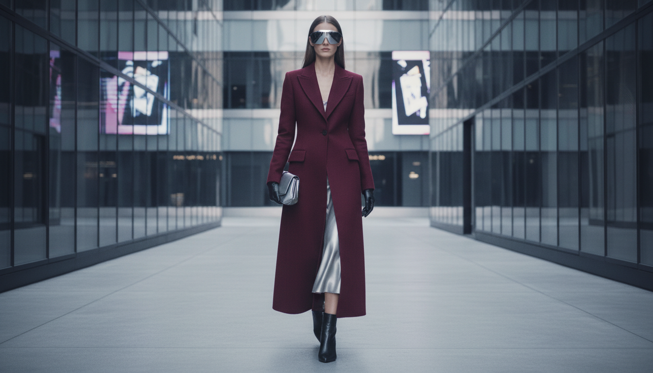 Модель в длинном бордовом пальто Gucci с идеальной посадкой, демонстрирующая сдержанную роскошь.