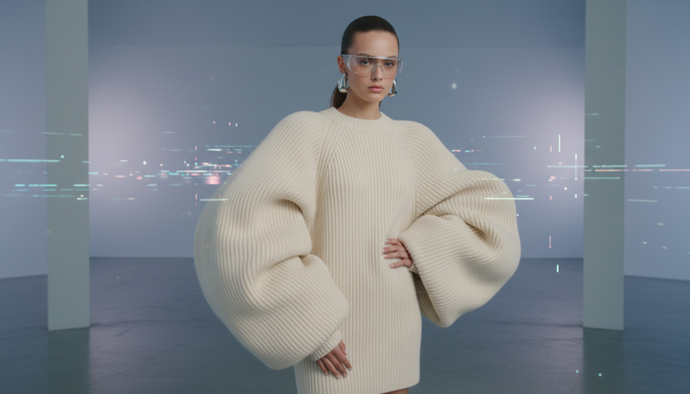 Необычный, скульптурный свитер Loewe с гипертрофированными рукавами, демонстрирующий тренд на объем.