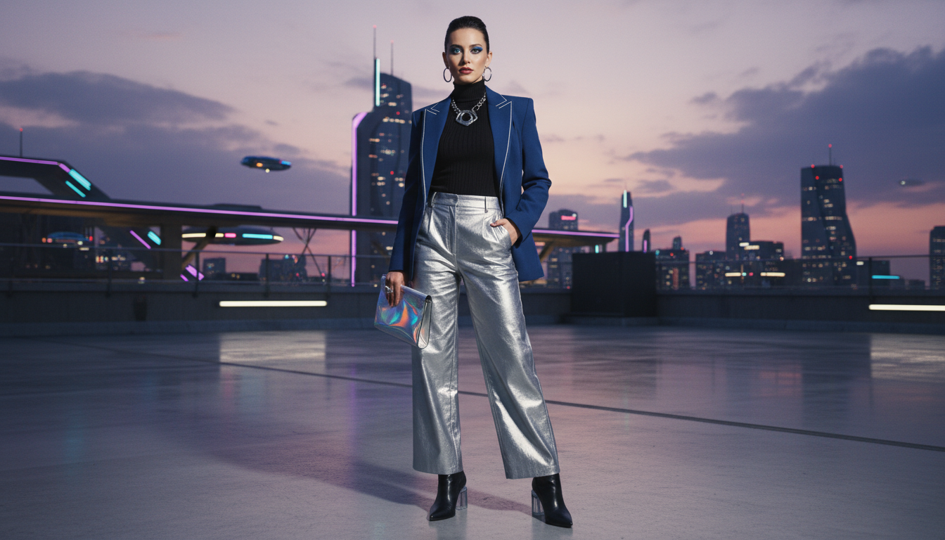 Женщина в широких брюках и структурированном блейзере, демонстрирующая современный деловой стиль.