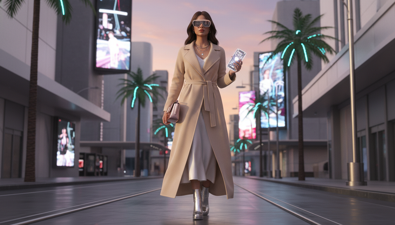 Женщина в длинном бежевом пальто-халате