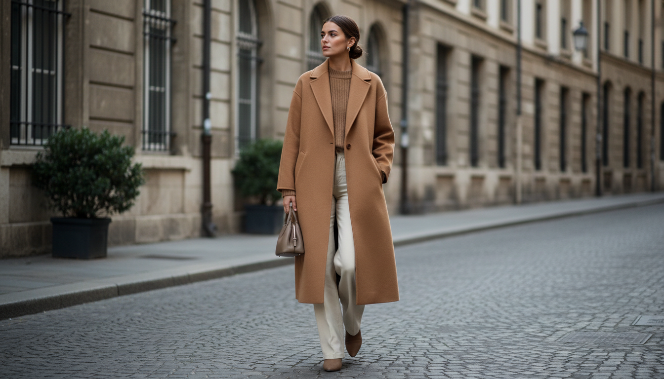 Девушка в длинном шерстяном пальто верблюжьего цвета