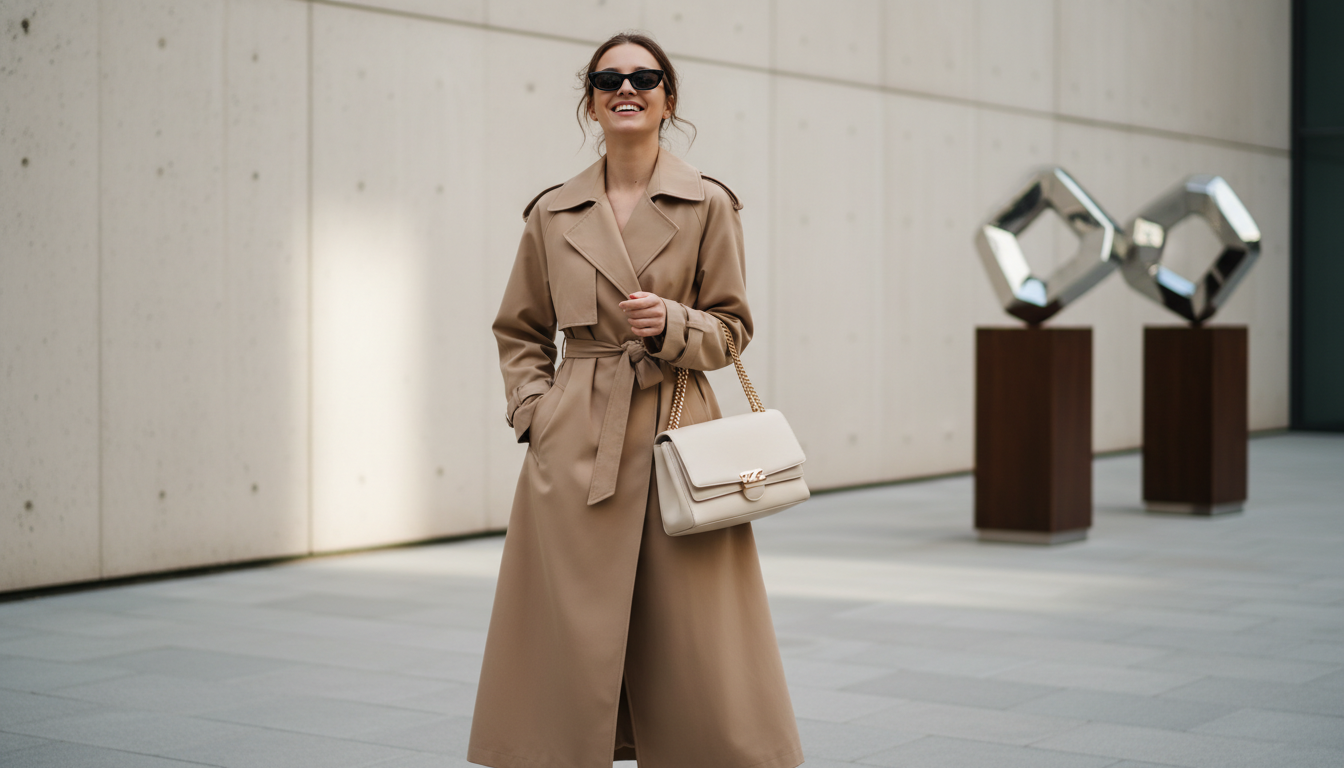 Финальный образ: Маруся Плюшкина в модном тренче с улыбкой