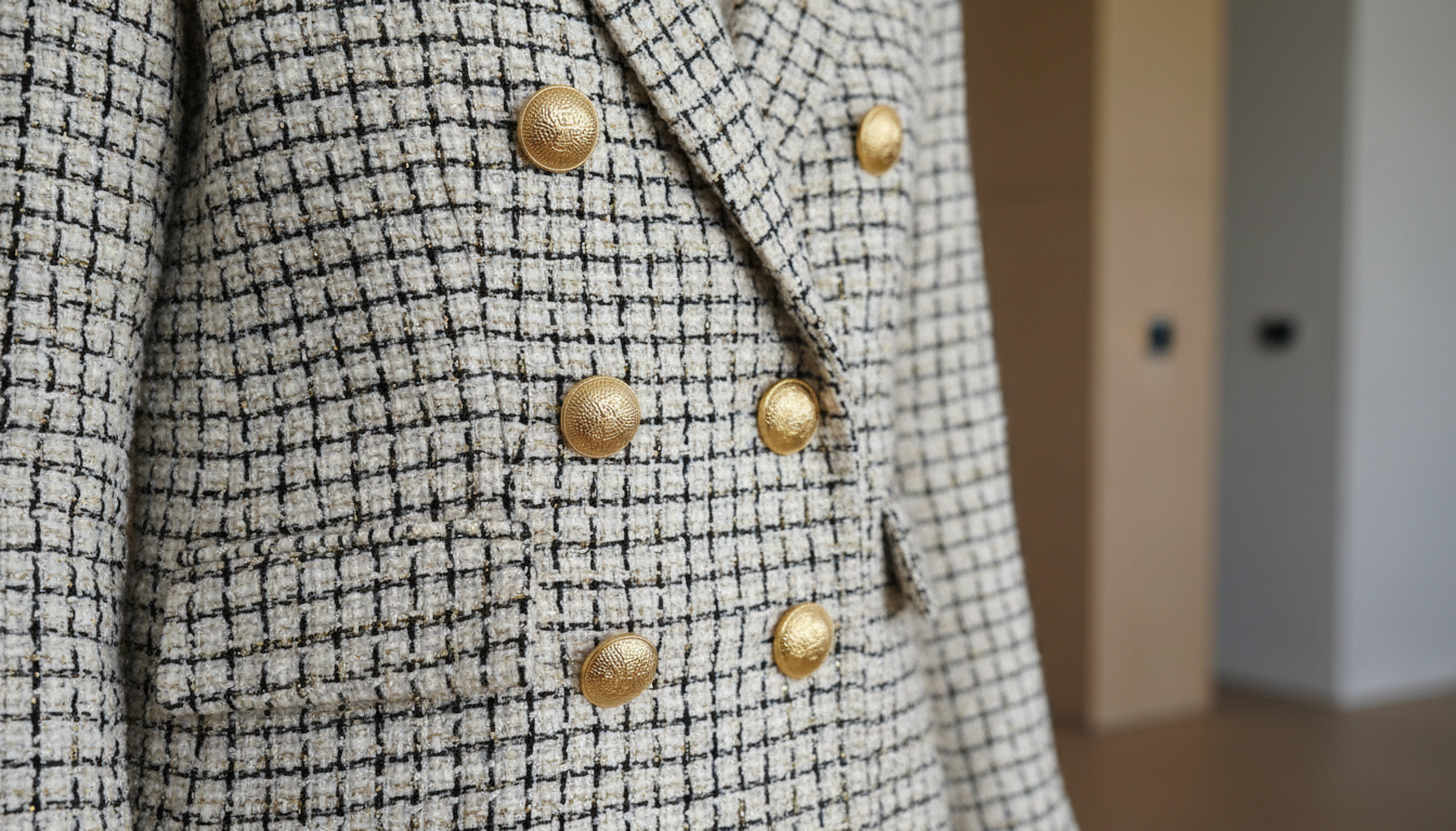 Крупный план твидового жакета с золотыми пуговицами