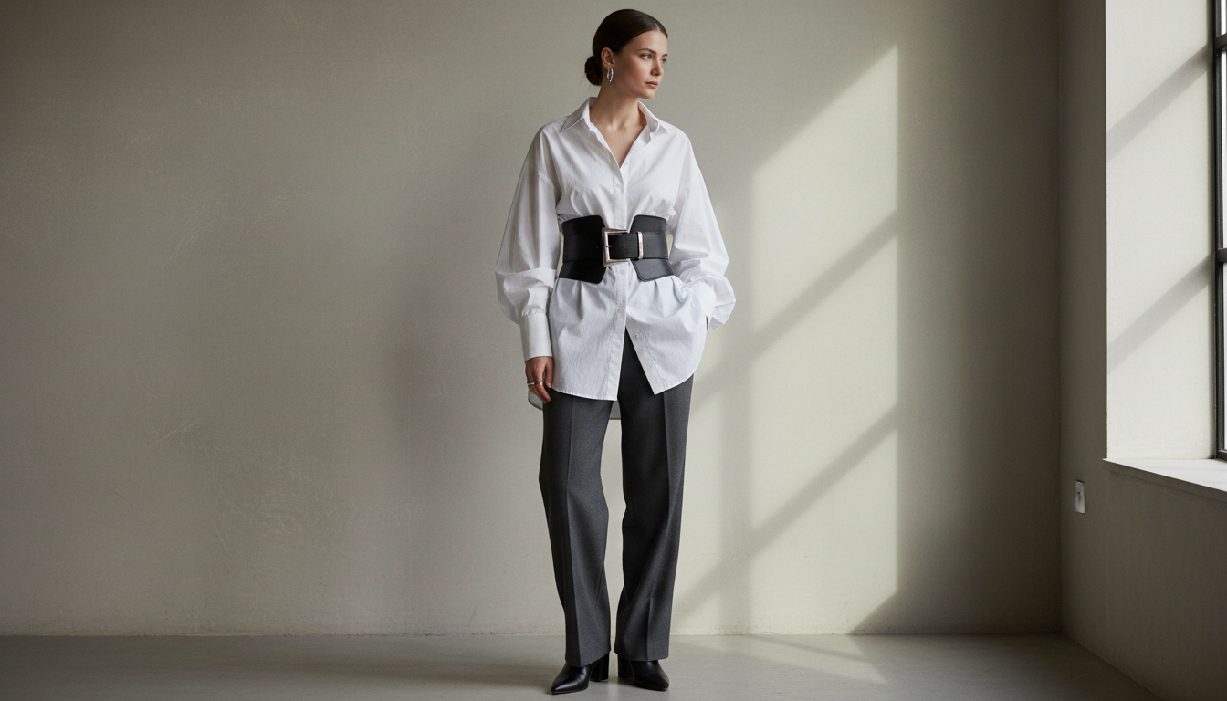 Стилизованный образ с акцентным ремнем поверх оверсайз рубашки