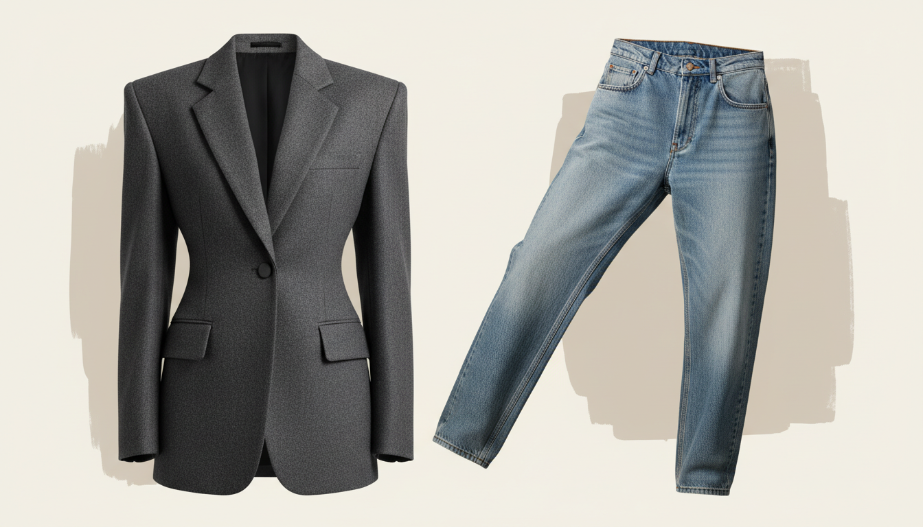 Коллаж из модных силуэтов: структурированный пиджак и багги-джинсы