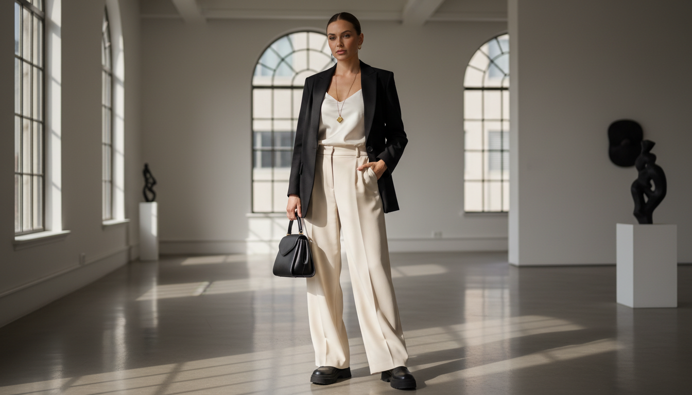 Модный образ с широкими брюками и обувью на платформе