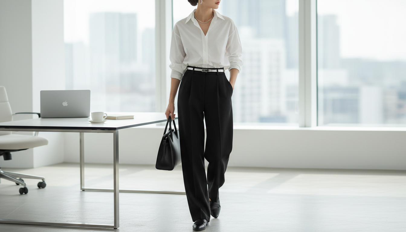 Офисный образ: черные широкие брюки и белая рубашка