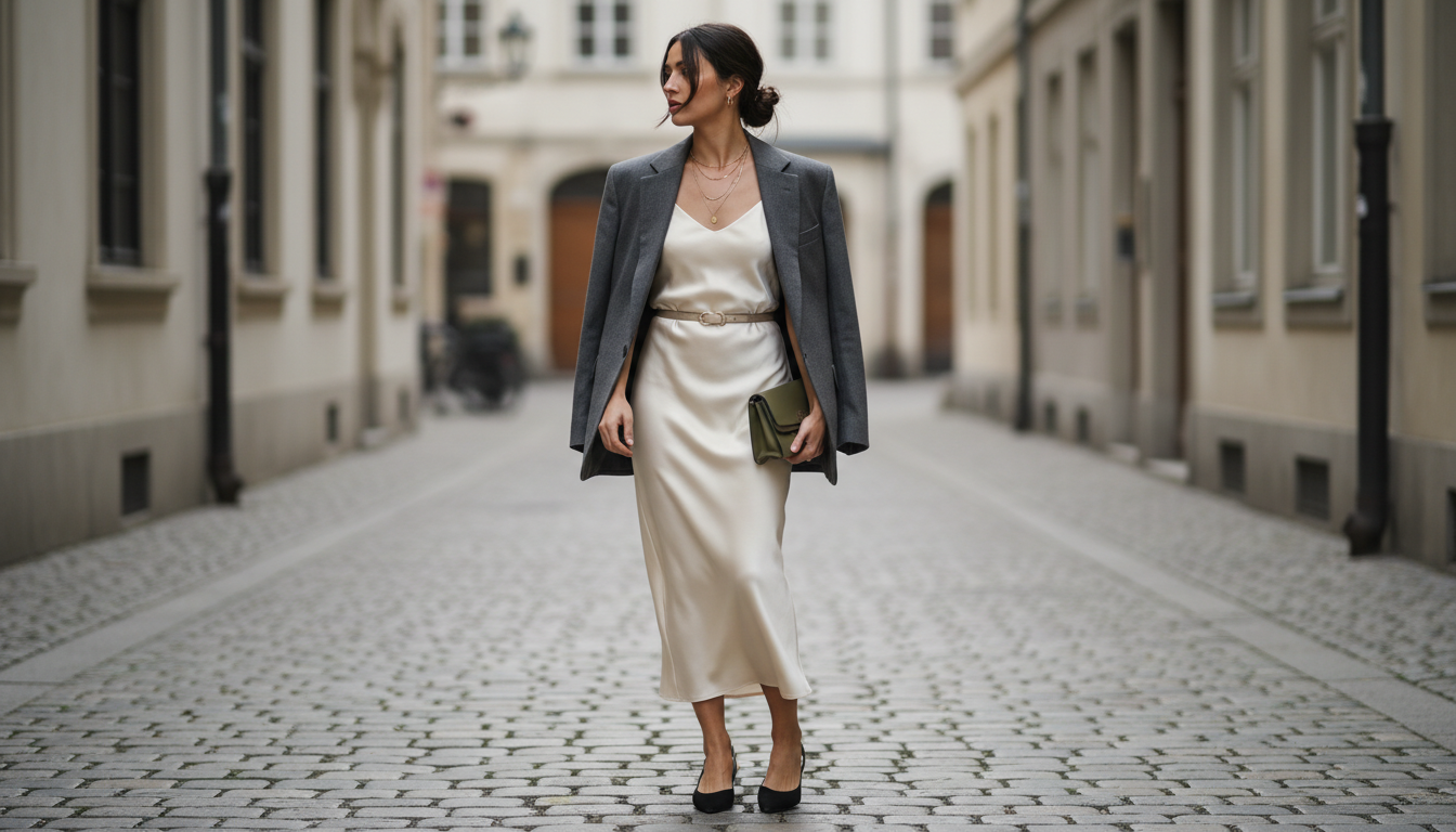 Девушка в облегающем, но не вульгарном платье-слип под свободным мужским жакетом