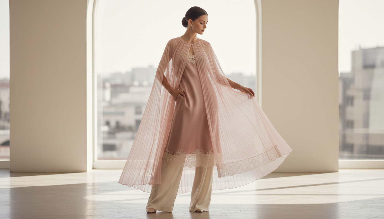 Модель в многослойном полупрозрачном образе, где нижний слой виден, но не доминирует