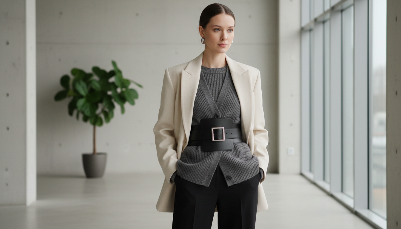 Девушка, использующая ремень поверх жакета и кардигана для создания силуэта