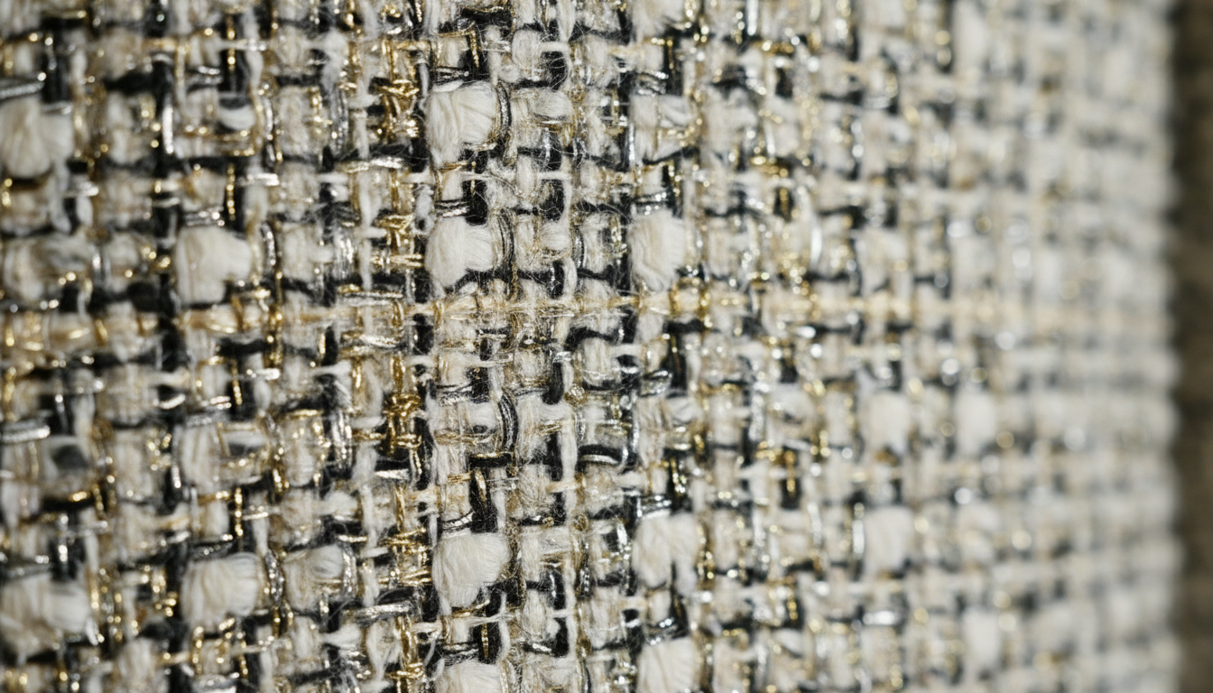 Крупный план фактурной ткани - твида или букле с металлизированной нитью