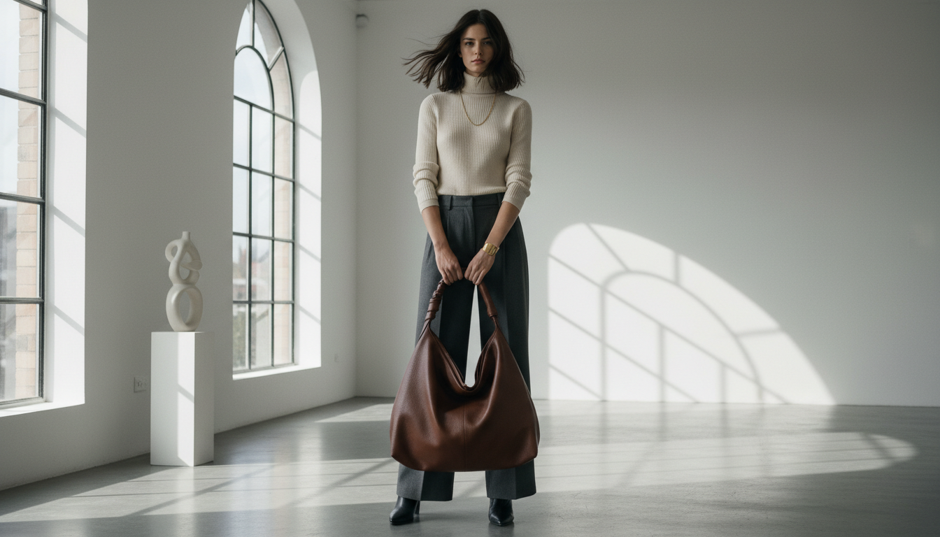 Модель держит гигантскую кожаную сумку-хобо