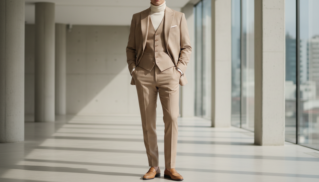 Идеально скроенный бежевый кашемировый костюм-тройка, демонстрирующий безупречный крой