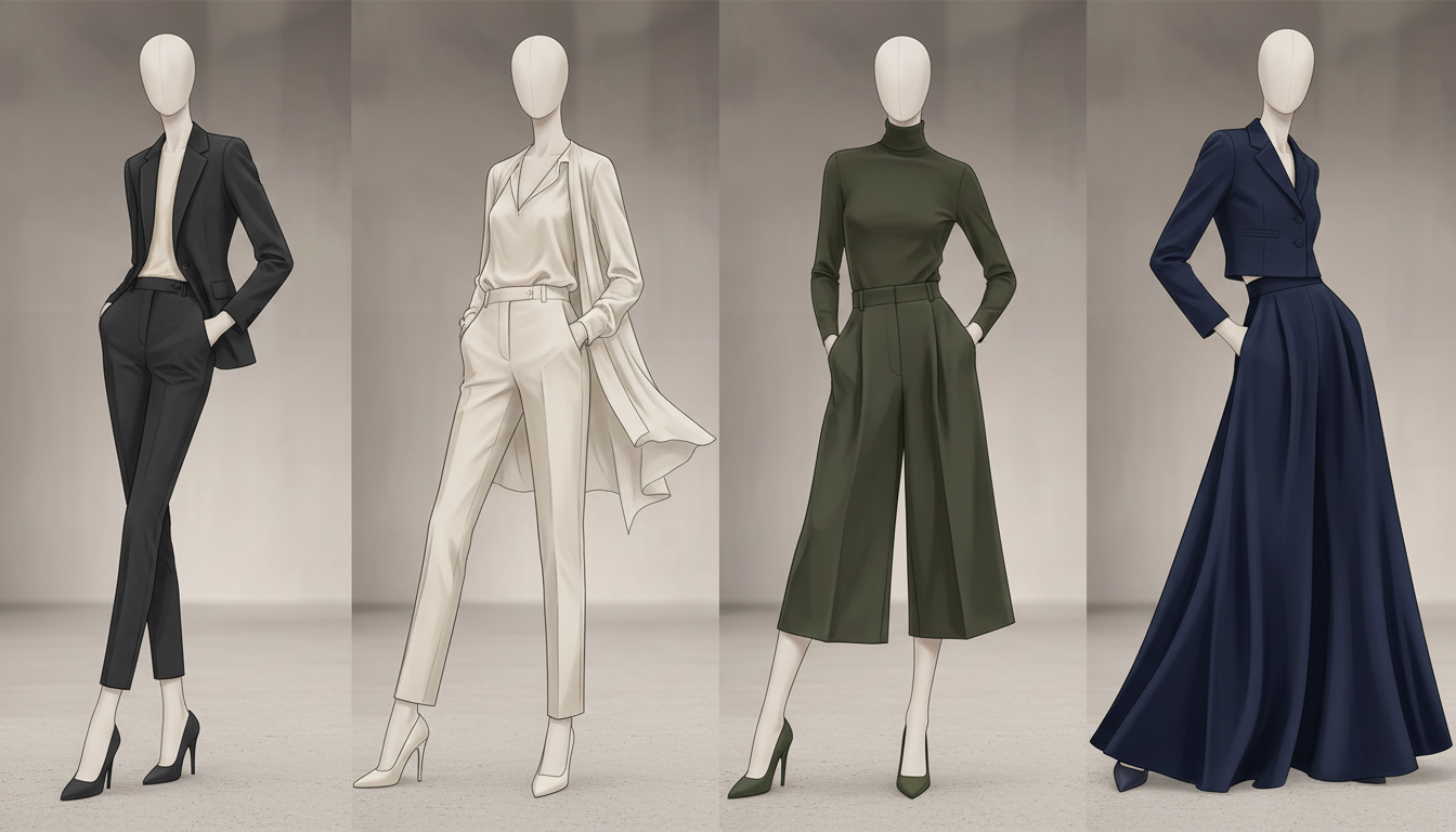 Схематичное изображение эволюции силуэтов брюк от узкого к широкому