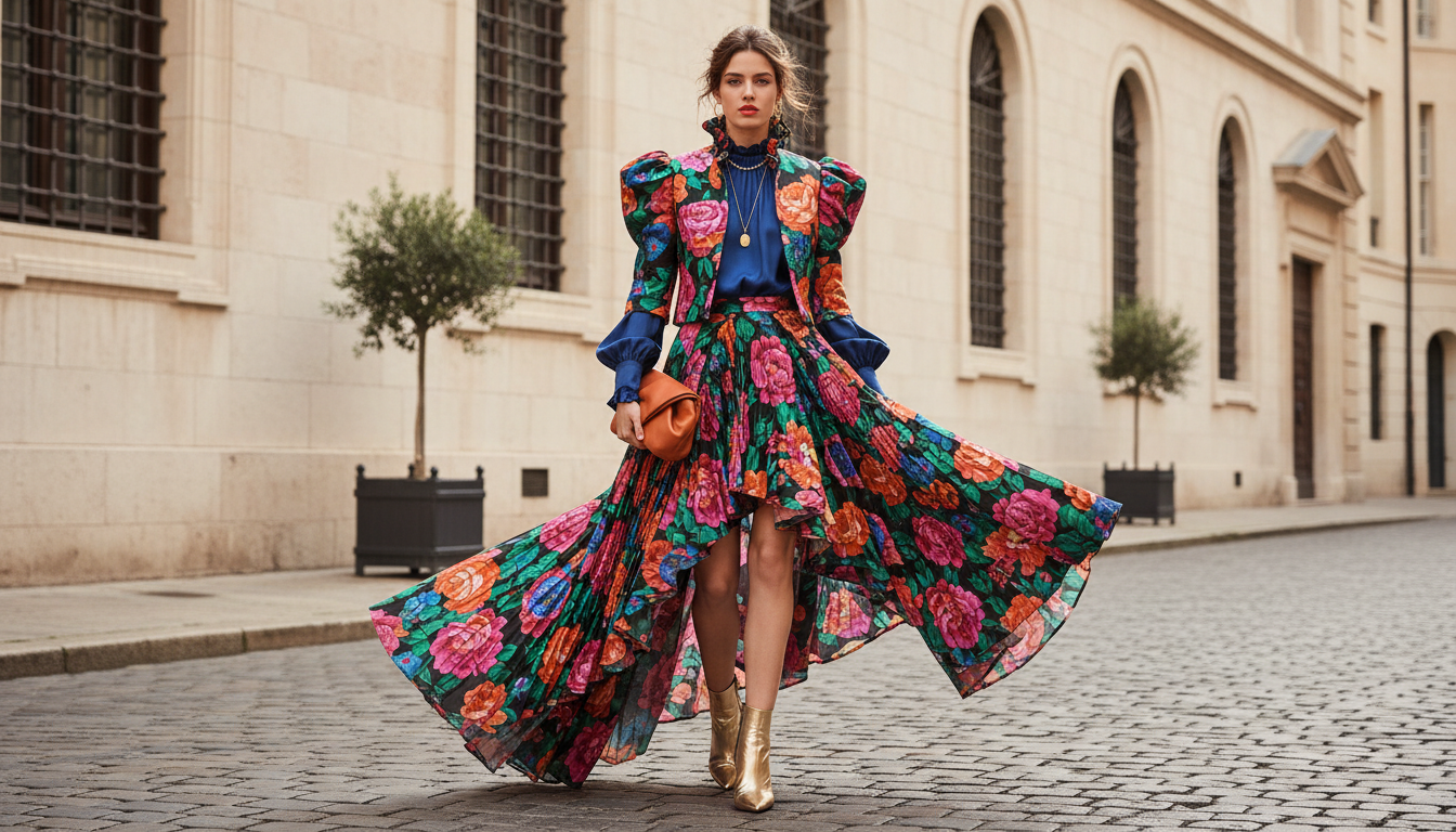 Модель в многослойном образе с ярким цветочным принтом и необычной асимметричной юбкой.