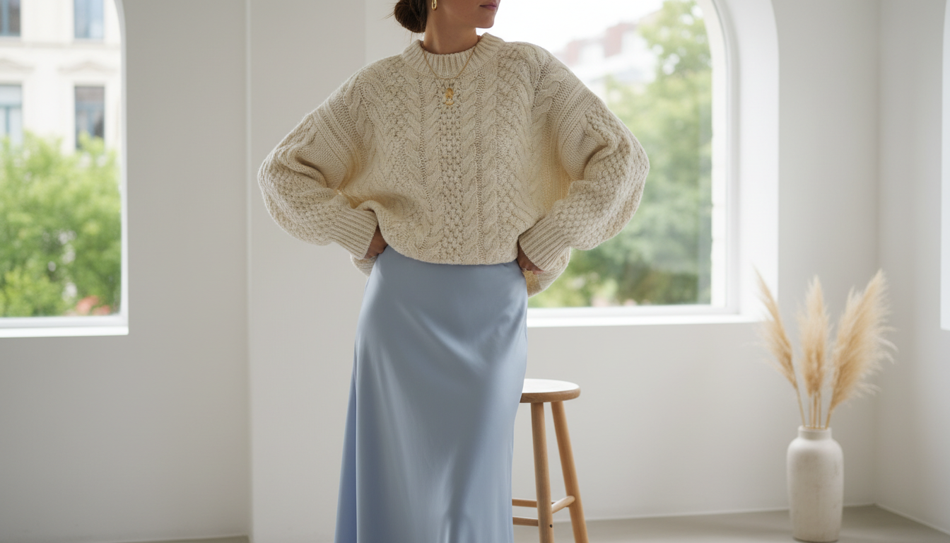 Девушка в объемном вязаном свитере и шелковой юбке, демонстрирующая контраст фактур