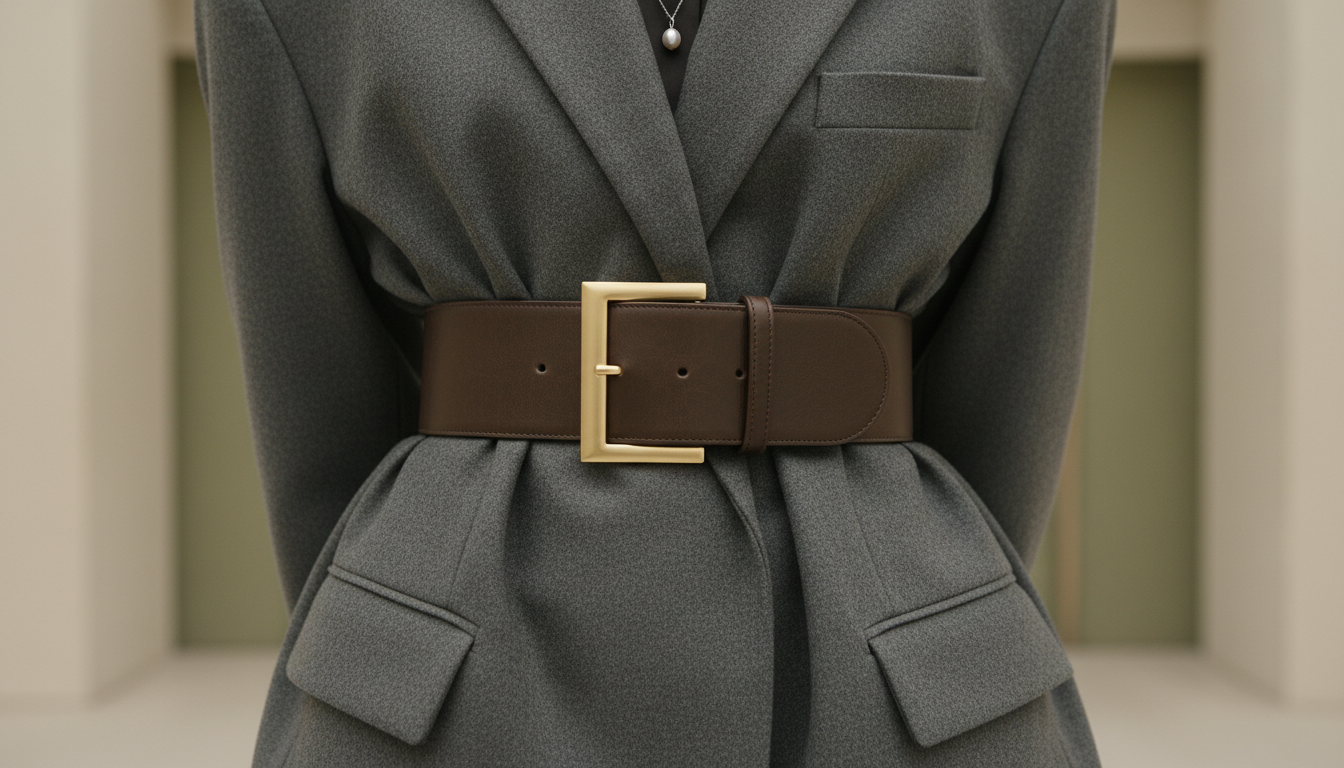 Крупный план на ремень, затягивающий оверсайз-жакет на талии