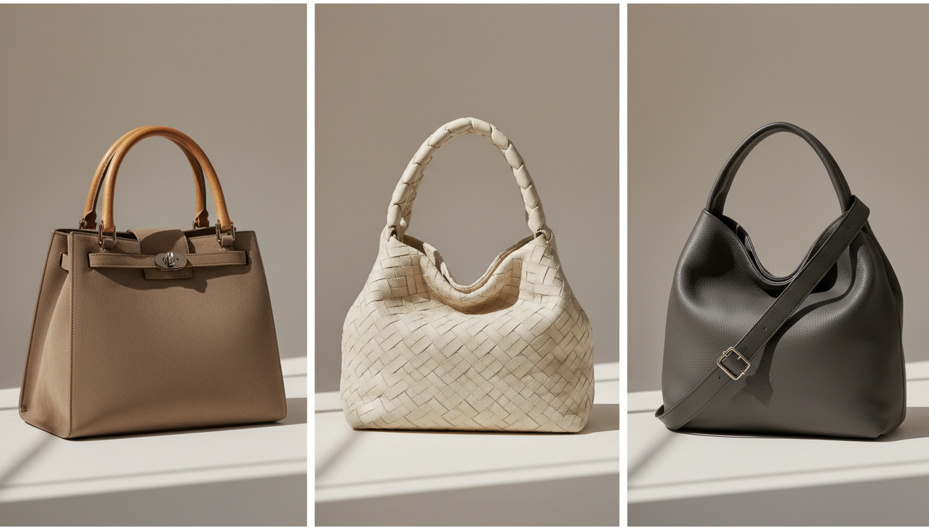 Коллаж из трех разных дизайнерских XXL-сумок в нейтральных тонах