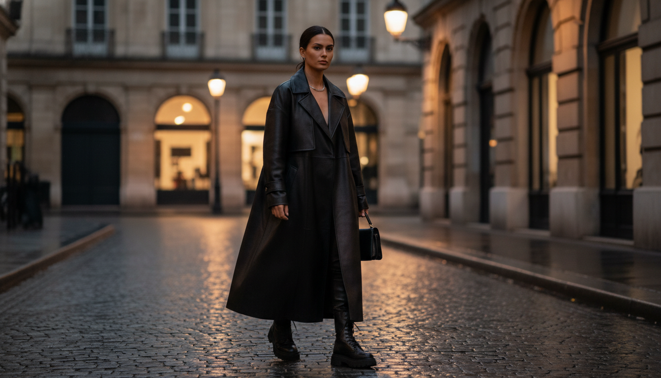 Модель в oversize черном кожаном плаще