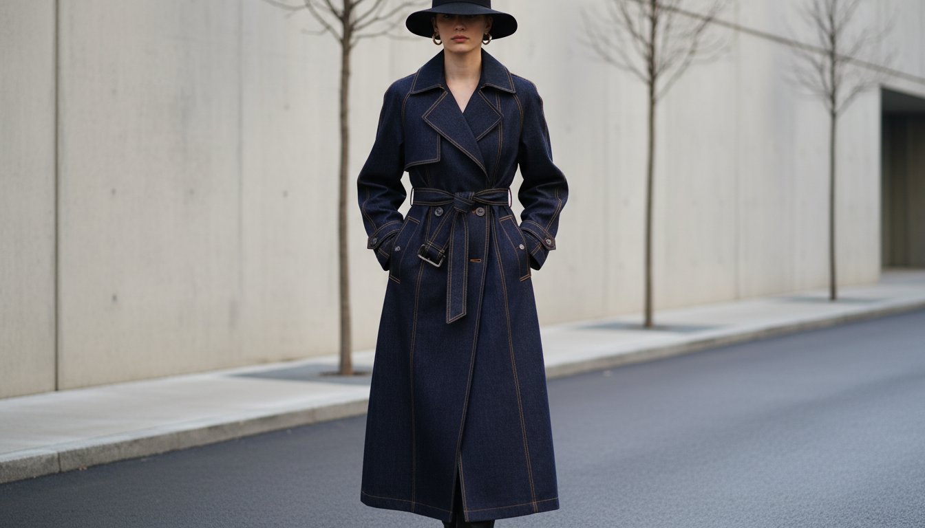 Длинный плащ из темного денима с контрастной строчкой