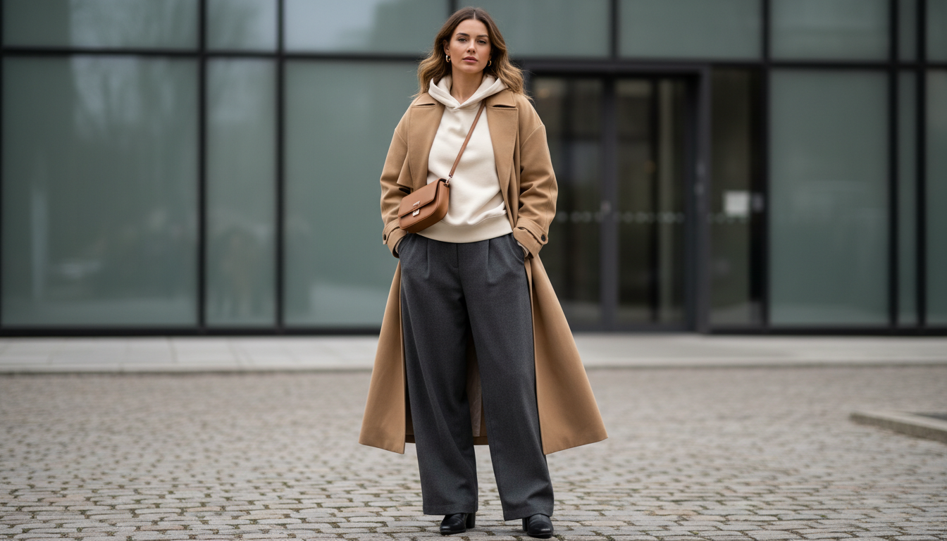 Тренч в стиле оверсайз, надетый поверх худи и широких брюк