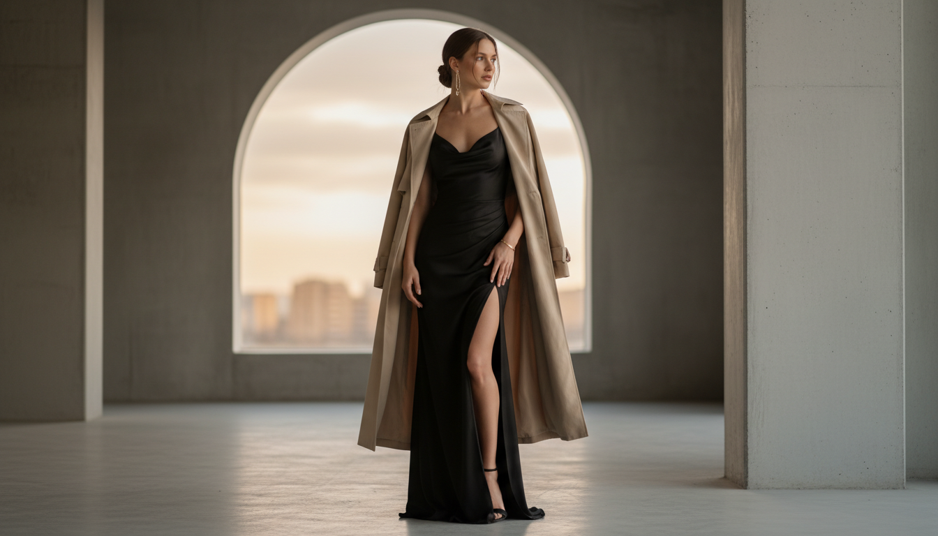 Тренч, накинутый на плечи поверх черного вечернего платья