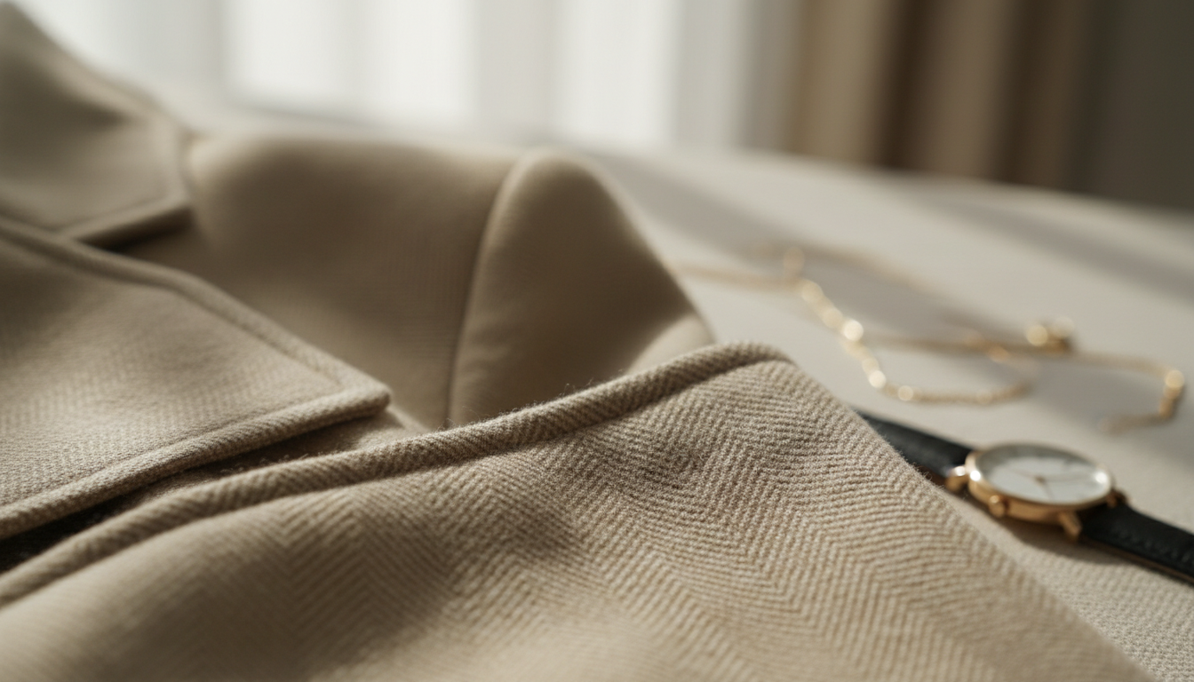 Крупный план идеального шва на бежевом шерстяном пиджаке