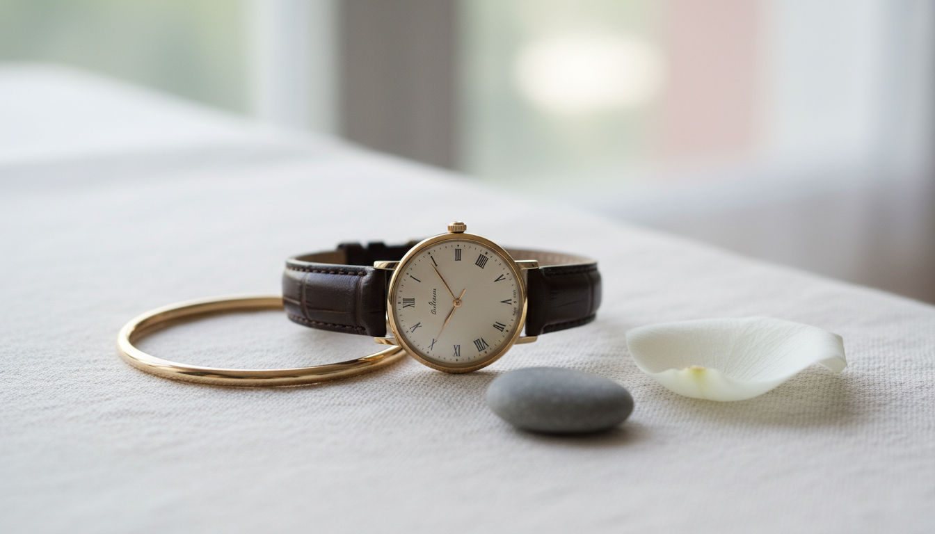 Изображение минималистичного золотого браслета и классических часов