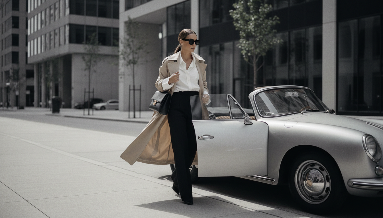 Изображение стильной женщины, выходящей из машины, одетой в белую рубашку, черные брюки и тренч