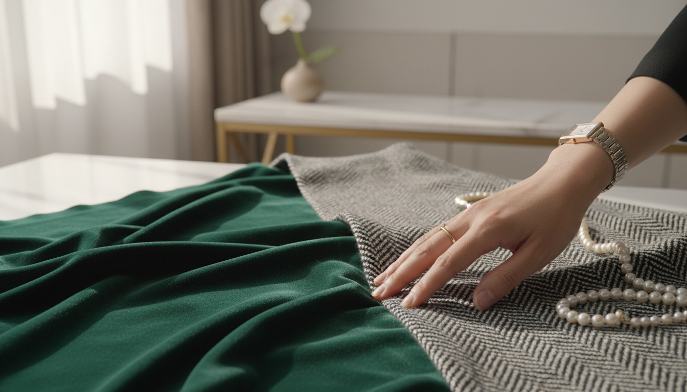 Крупный план, демонстрирующий богатое сочетание бархата и твида.