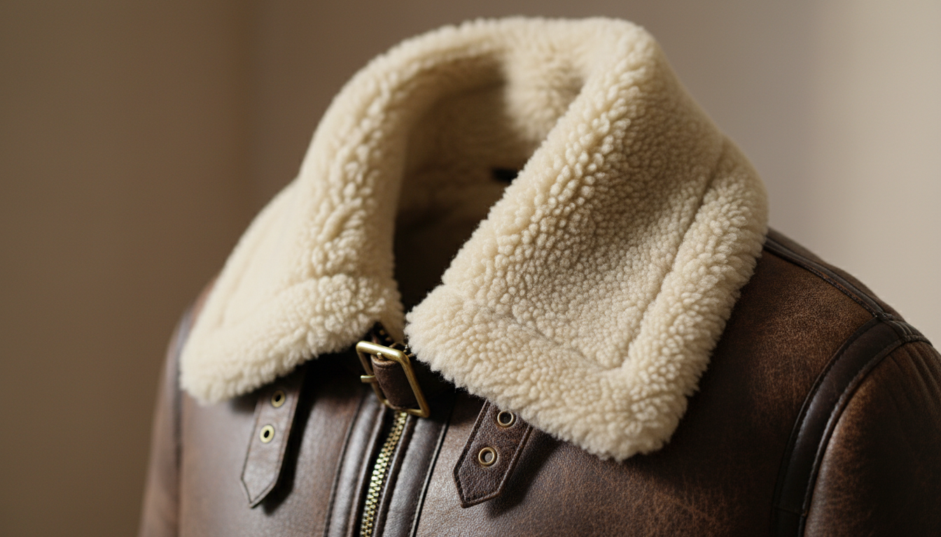 Крупный план воротника дубленки авиаторского стиля с заметной текстурой овчины.