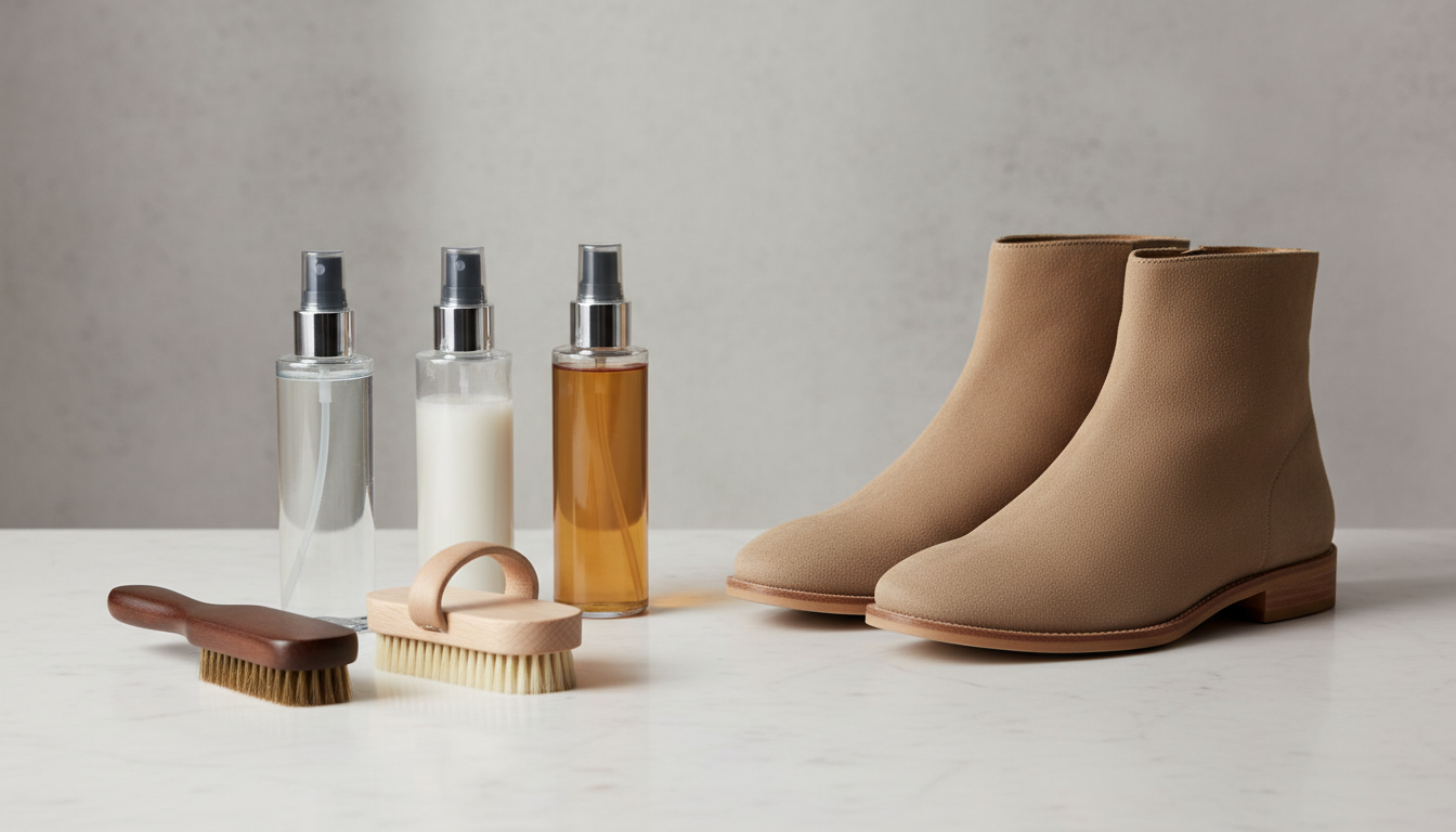 Иллюстрация специальных щеток и спреев для ухода за замшевыми изделиями.