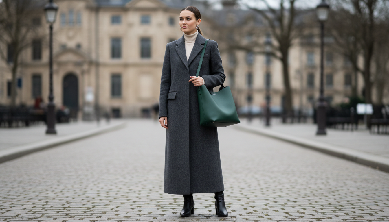 Девушка в длинном сером пальто прямого кроя, застегнутом наглухо