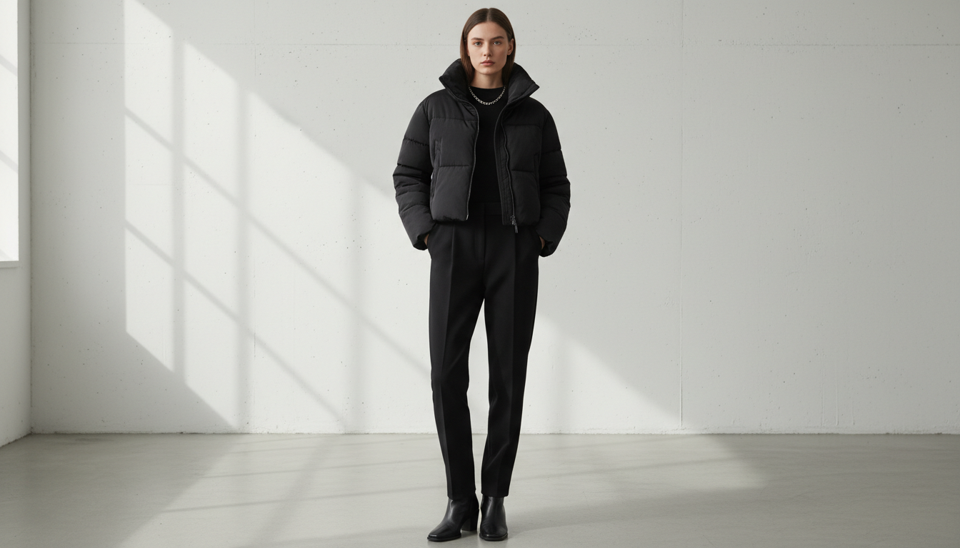 Стильный черный укороченный пуховик с высоким воротником