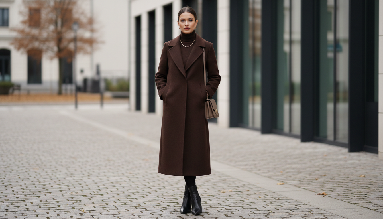 Пальто цвета темного шоколада из плотной шерсти