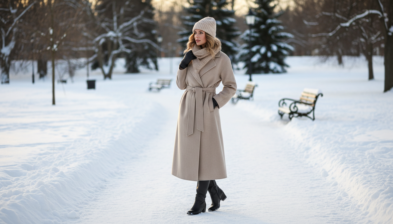 Девушка в бежевом пальто-халате на фоне заснеженного парка.