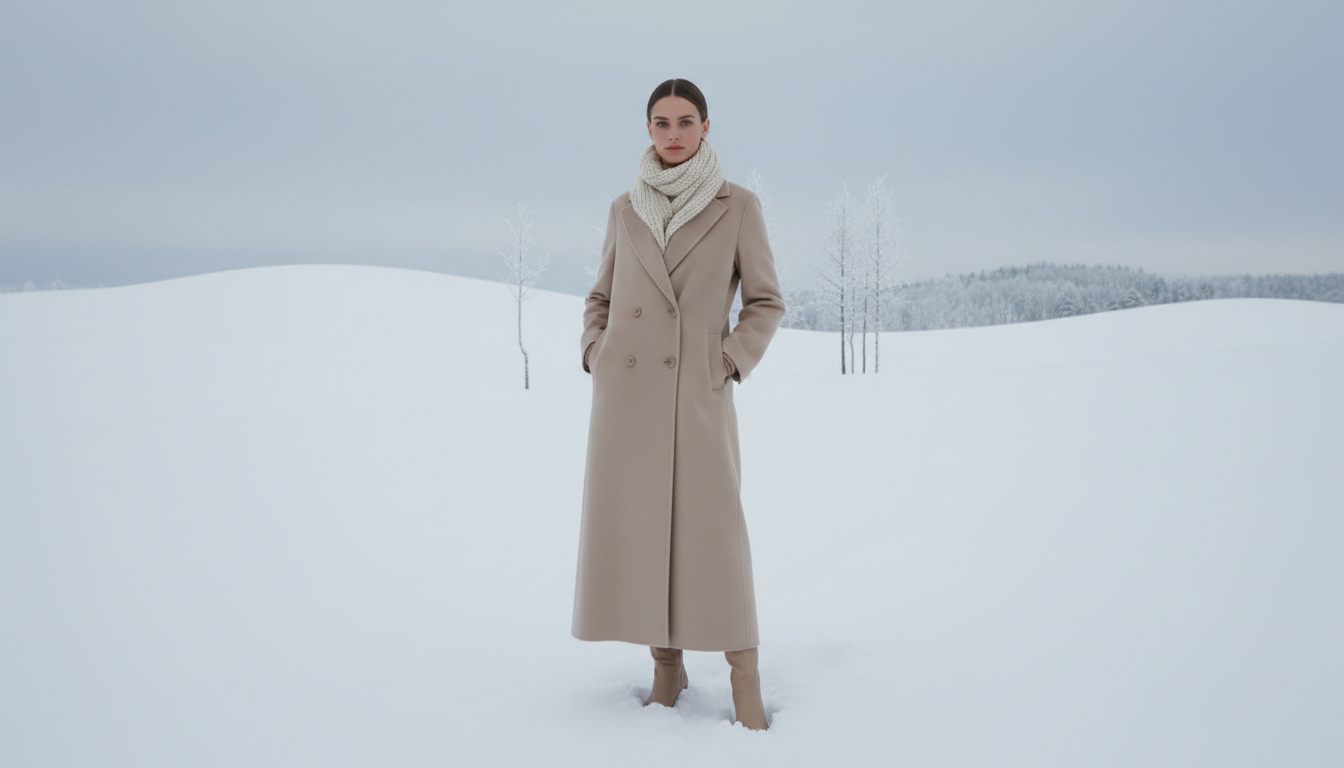 бежевое двубортное пальто макси из кашемира на фоне зимнего пейзажа