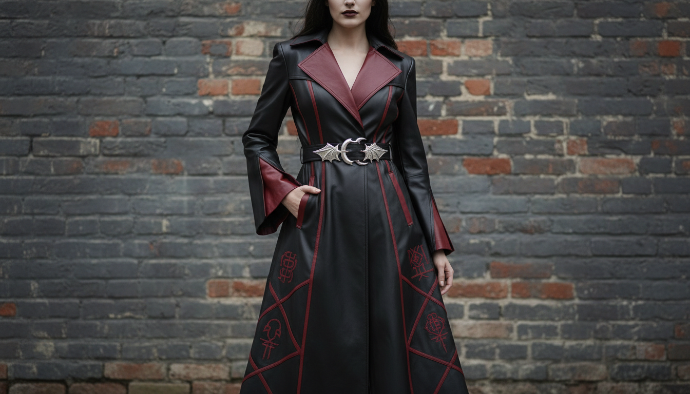 черный длинный кожаный плащ, стилизованный под неоготику, с красными акцентами