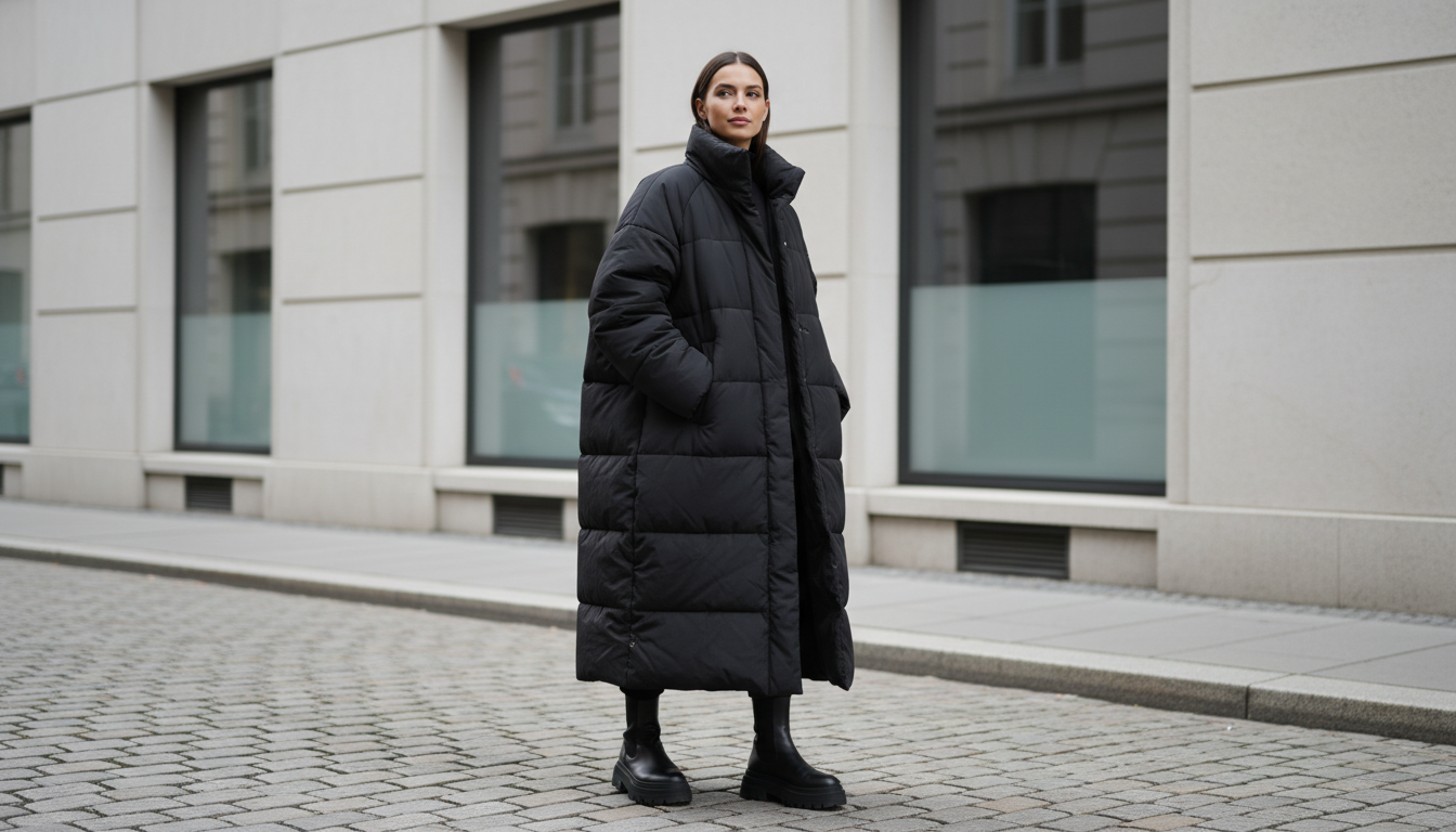 Девушка в объемном черном пуховике-одеяле и массивных ботинках.