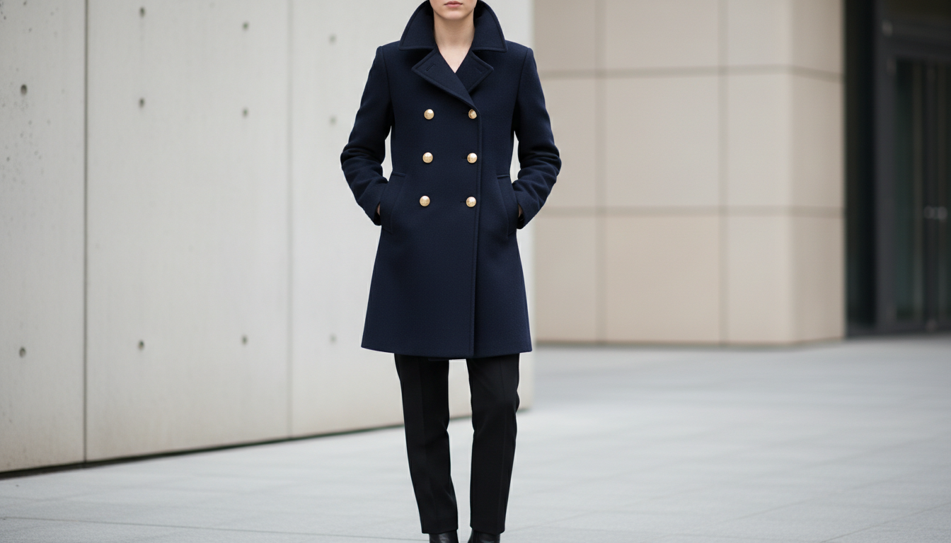 Модель в строгом шерстяном бушлате темно-синего цвета с золотыми пуговицами.